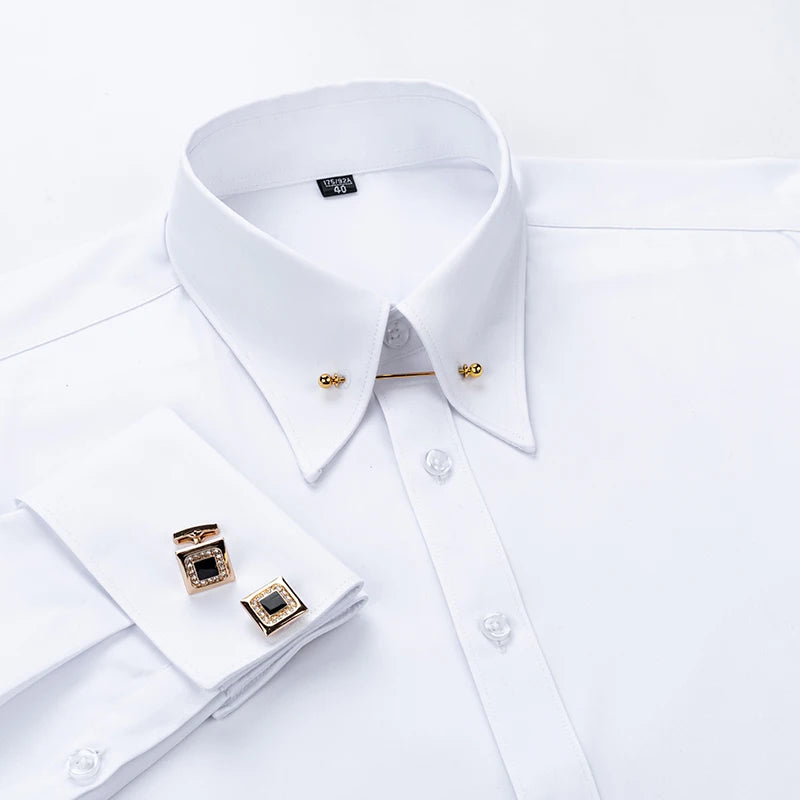 Embroidered French Cufflinks Men's Long-Sleeve Shirt with Collar Pins