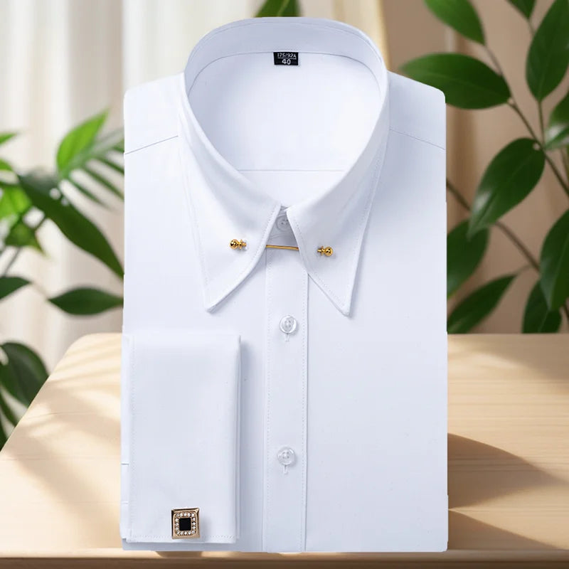 Embroidered French Cufflinks Men's Long-Sleeve Shirt with Collar Pins